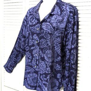 VTG Jaeger Great Britain Blouse Wool Rayon Blue Paisley Floral Long Sleeve